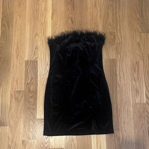 Superdown Black Strapless Dress with Feather Trim